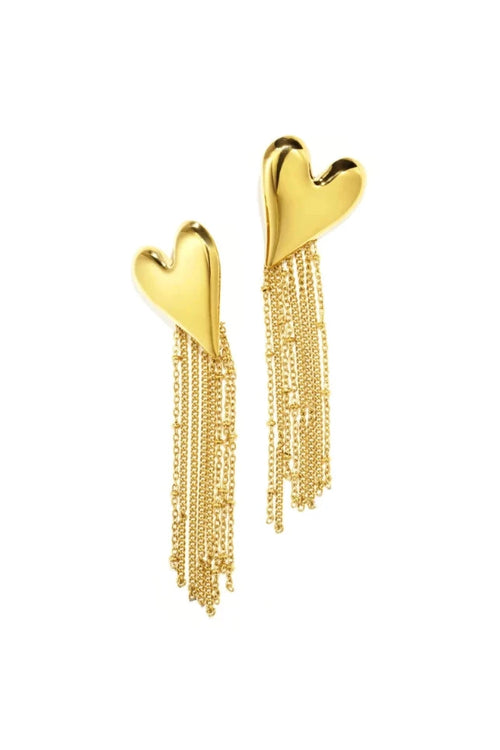 A pair of gold-plated statement earrings featuring an elongated 3D puffy heart stud top suspending a cascading waterfall tassel of graduating fine cable and satellite bead chains. amour-fringe-earrings.webp
