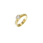 A gold-plated statement ring featuring a textured ribbed band set with a central brilliant-cut clear crystal heart solitaire inside a smooth bezel. amour-heart-ribbed-ring.webp