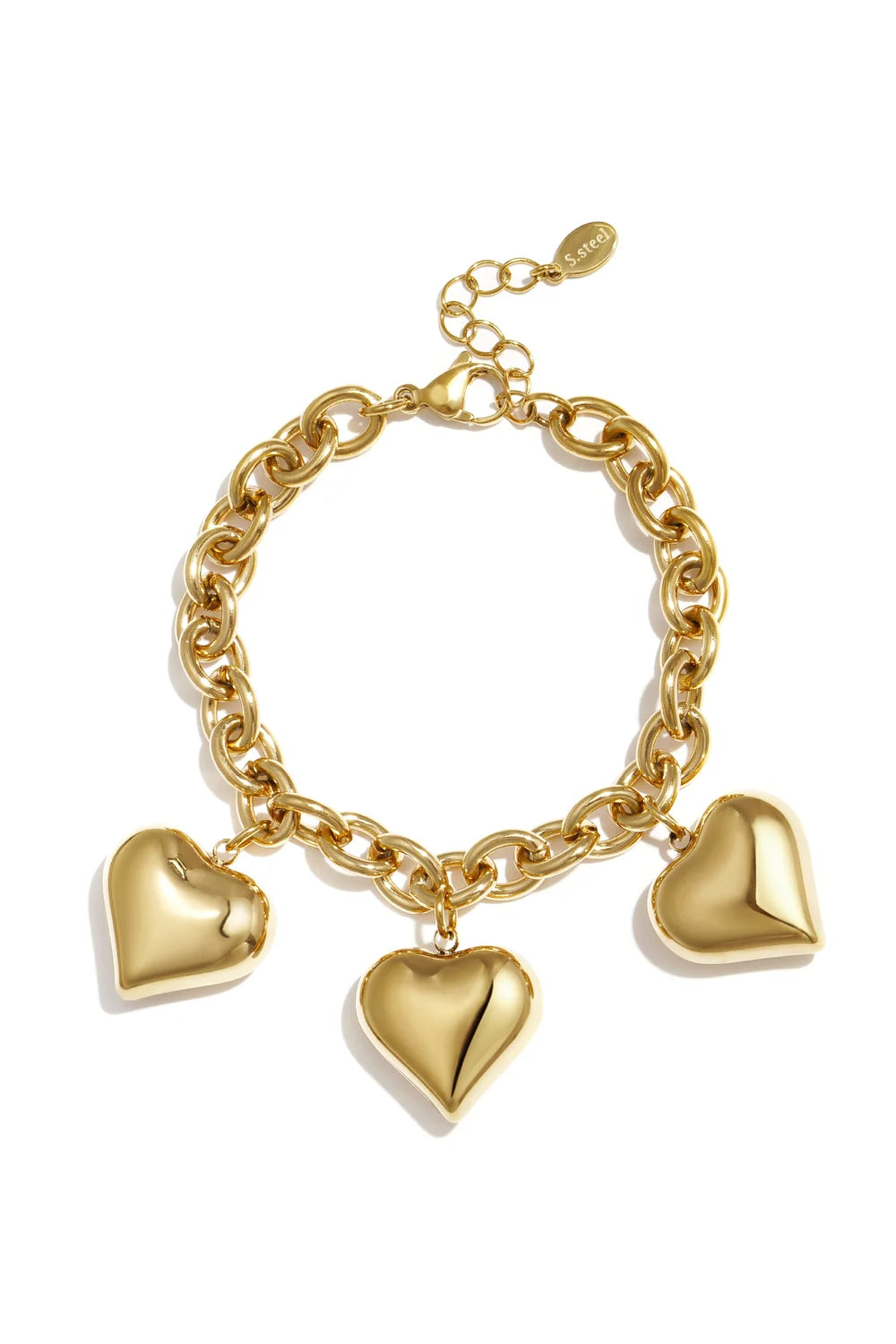 A chunky gold-plated stainless steel link chain bracelet featuring three large, high-polish three-dimensional puffy heart charms. amour-bracelet.webp