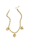 A chunky gold-plated stainless steel link chain necklace featuring three large, high-polish three-dimensional puffy heart charms. amour-necklace.webp