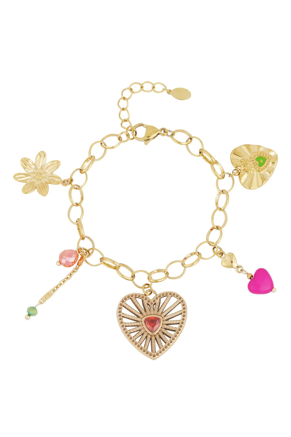 A gold-plated multi-charm bracelet featuring a cable link chain decorated with an open-work sunburst heart pendant with a red crystal center, a fluted gold heart with green enamel, a gold flower, a pink drop charm, and a beaded drop chain. amour-sacre-charm-bracelet.webp