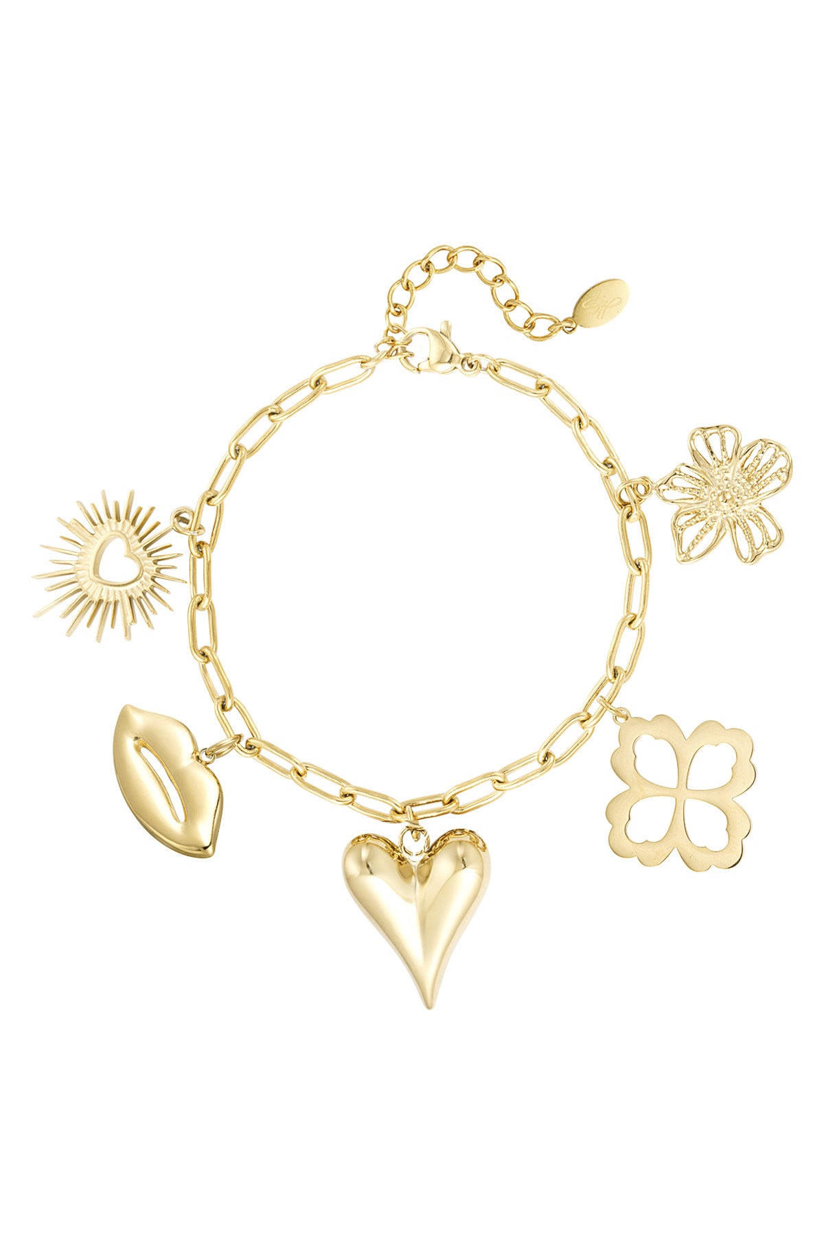 A gold-plated charm bracelet featuring a paperclip link chain decorated with five gold charms including a central 3D puffy heart, lips, a sunburst heart, an open filigree flower, and a geometric clover. amour-eclat-multi-charm-bracelet.jpg
