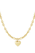 A gold-plated statement link necklace featuring alternating smooth and textured ribbed oval links with a dangling central 3D puffy heart pendant. amour-elegant-textured-heart-necklace.webp