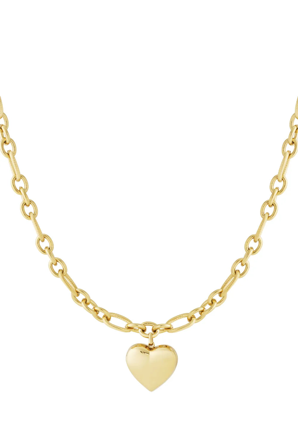 A gold-plated statement link necklace featuring alternating smooth and textured ribbed oval links with a dangling central 3D puffy heart pendant. amour-elegant-textured-heart-necklace.webp