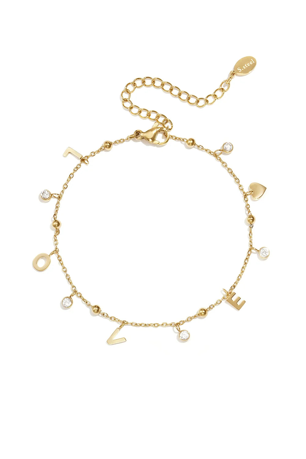A delicate gold-plated stainless steel chain bracelet spelling out the word LOVE with dangling letter charms, alternating with bezel-set round clear crystals and a small gold heart charm. amour-epeler-love-charm-bracelet.webp