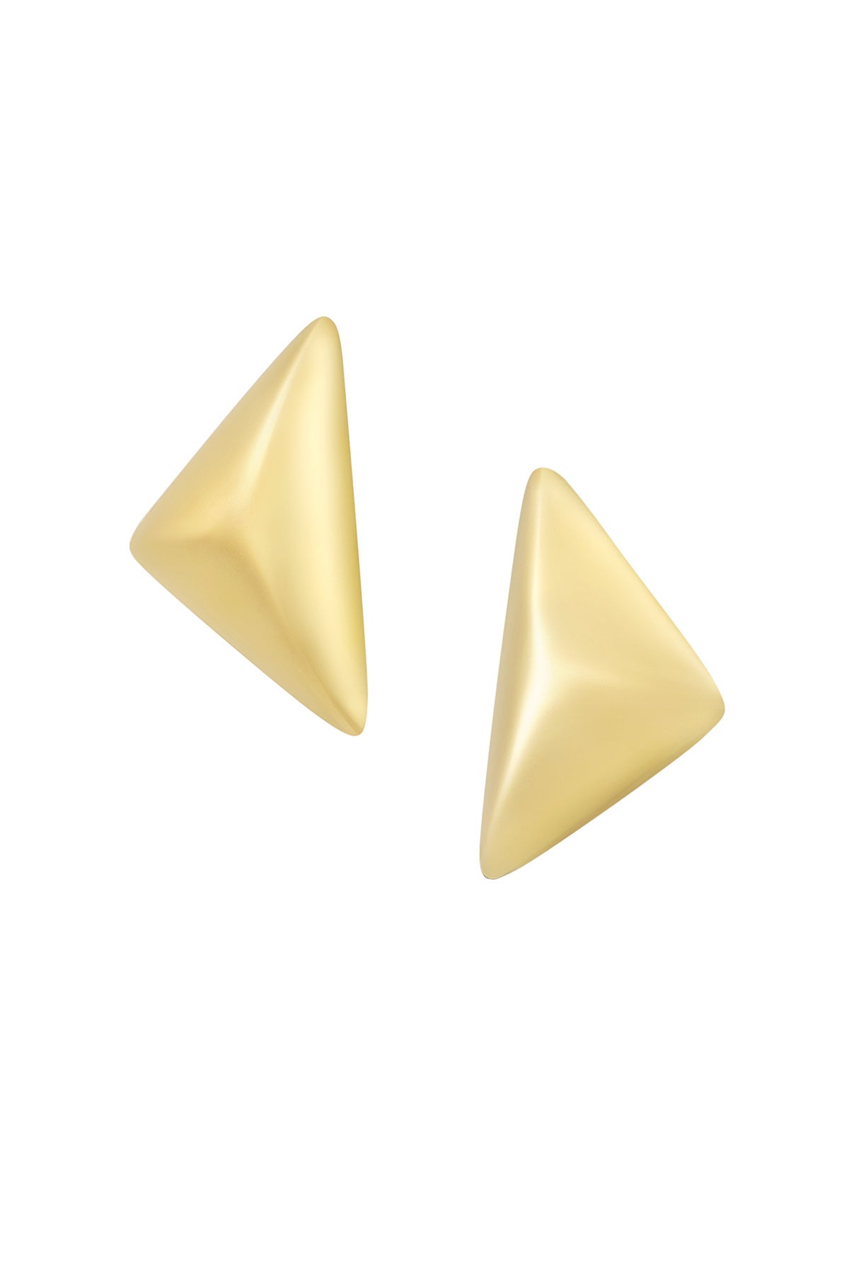 A pair of gold-plated geometric statement stud earrings featuring a three-dimensional raised triangle pyramid shape with a matte hand-brushed satin finish. aria-brushed-triangle-stud-earrings.jpg