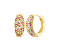 Gold-plated 925 sterling silver dome huggie hoop earrings encrusted with rows of micro-pavé crystals, shown in clear white, green, and multi-color pink