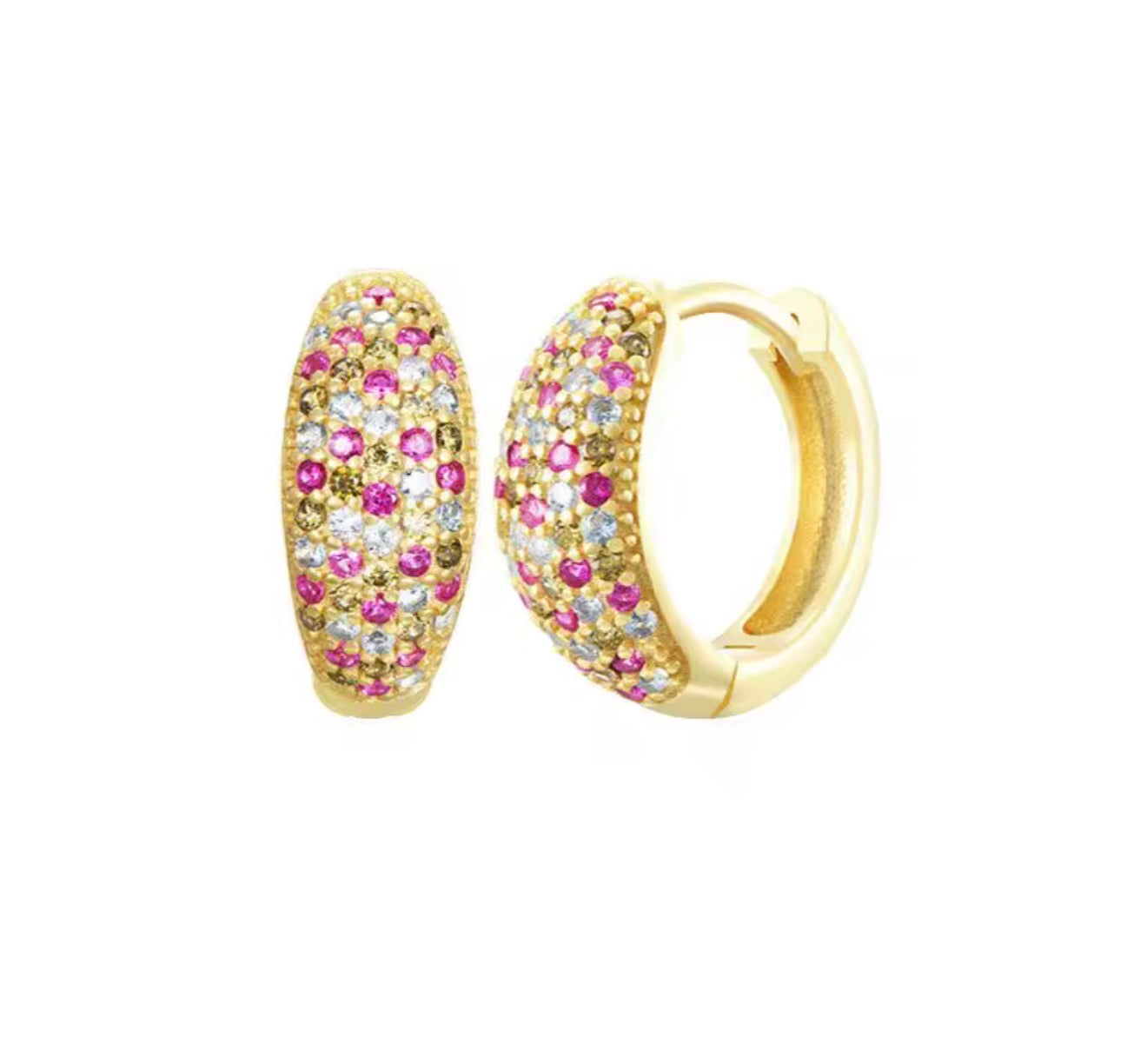 Gold-plated 925 sterling silver dome huggie hoop earrings encrusted with rows of micro-pavé crystals, shown in clear white, green, and multi-color pink