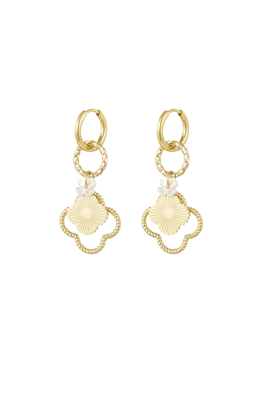 A pair of gold-plated stainless steel huggie hoop earrings featuring a cascading drop of a twisted ring, a tiny white mother of pearl clover, a central gold sunburst clover medallion, and a larger beaded open clover frame against a white background. aurelia-sunburst-clover-drop-huggie-earrings.webp