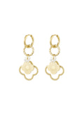 A pair of gold-plated stainless steel huggie hoop earrings featuring a cascading drop of a twisted ring, a tiny white mother of pearl clover, a central gold sunburst clover medallion, and a larger beaded open clover frame against a white background. aurelia-sunburst-clover-drop-huggie-earrings.webp