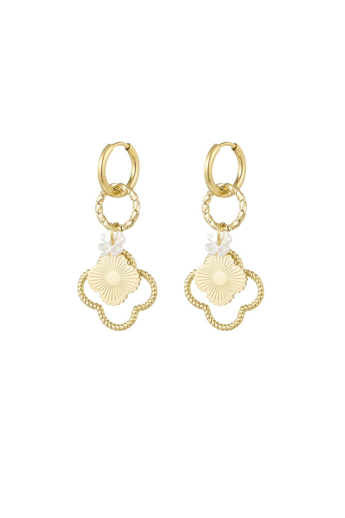 A pair of gold-plated stainless steel huggie hoop earrings featuring a cascading drop of a twisted ring, a tiny white mother of pearl clover, a central gold sunburst clover medallion, and a larger beaded open clover frame against a white background. aurelia-sunburst-clover-drop-huggie-earrings.webp