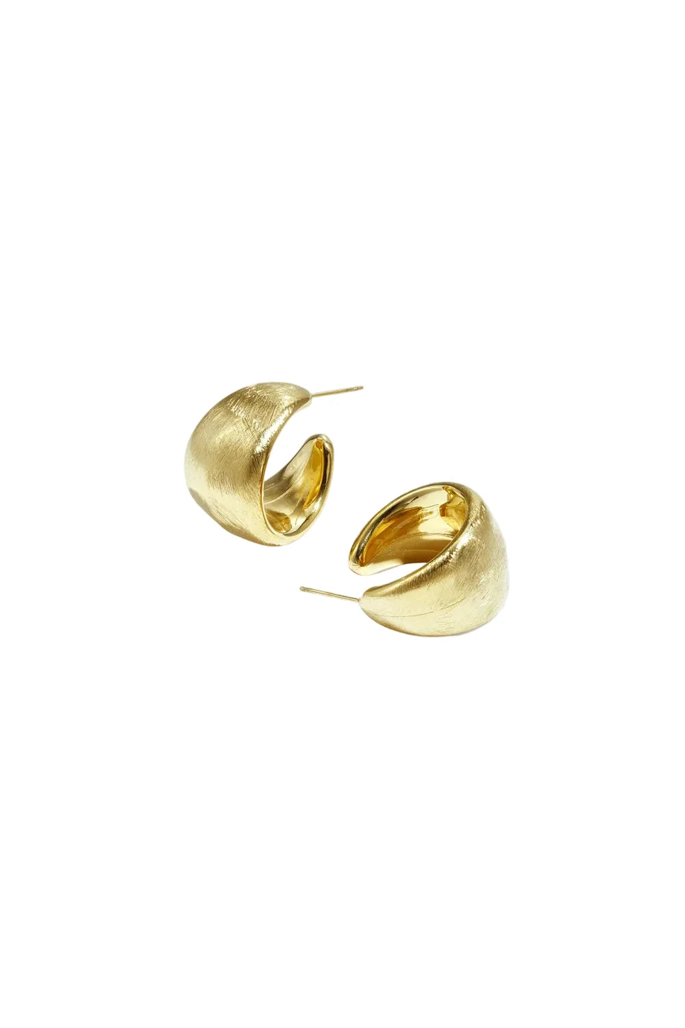 Pair of chunky gold C-hoop earrings with a brushed matte texture, featuring butterfly backings on a white background.