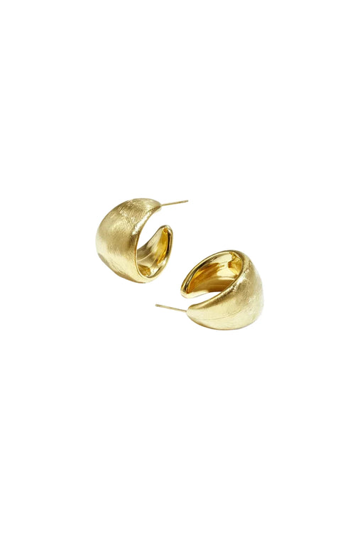 Pair of chunky gold C-hoop earrings with a brushed matte texture, featuring butterfly backings on a white background.