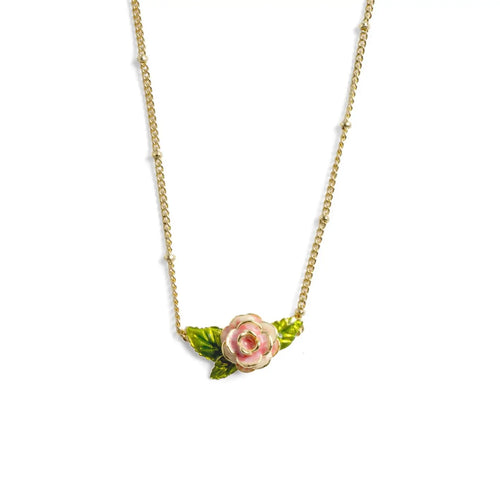 A gold-plated satellite chain necklace by Bill Skinner featuring an integrated 3D rose pendant hand-painted with cream, blush pink, and green leaf enamel.