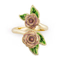 A gold-plated bypass wrap ring by Bill Skinner featuring two highly detailed 3D rose blossoms hand-painted with dusty rose-pink and green leaf enamel.