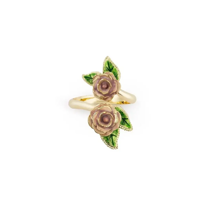 A gold-plated bypass wrap ring by Bill Skinner featuring two highly detailed 3D rose blossoms hand-painted with dusty rose-pink and green leaf enamel.