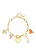 A chunky gold-plated stainless steel cable chain charm bracelet featuring an oversized puffy gold heart, a filigree flower charm, an orange enamel heart, a small pearl ring, and pink and green accent beads against a white background. capri-chunky-eclectic-charm-link-bracelet.webp