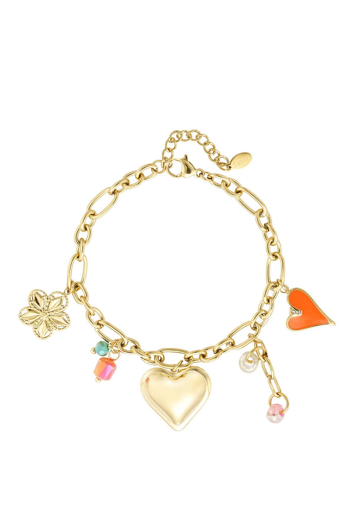 A chunky gold-plated stainless steel cable chain charm bracelet featuring an oversized puffy gold heart, a filigree flower charm, an orange enamel heart, a small pearl ring, and pink and green accent beads against a white background. capri-chunky-eclectic-charm-link-bracelet.webp