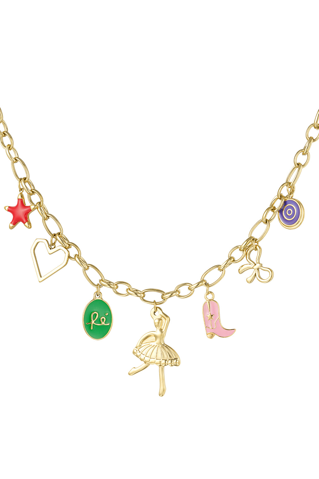 A gold-plated charm necklace featuring an oval link chain adorned with seven colorful dangling charms including a ballerina, a pink cowboy boot, a green token, an open heart, a red star, a gold bow, and a purple disc. capri-whimsical-multi-charm-necklace.jpg