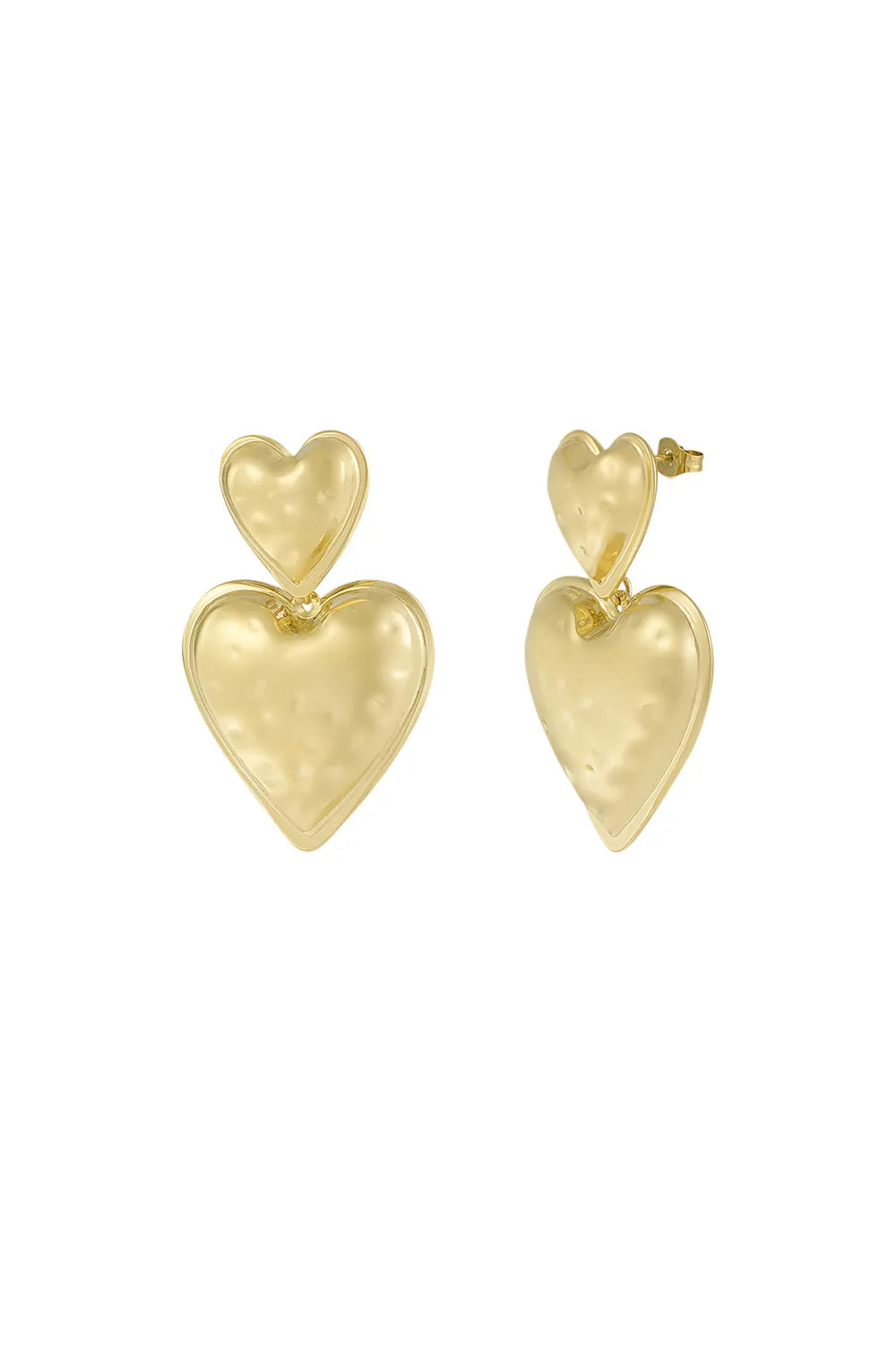 A pair of gold-plated drop earrings featuring a vertical cascade of two 3D puffy hearts detailed with a textured hammered finish and smooth raised borders. cherie-hammered-double-heart-earrings.webp