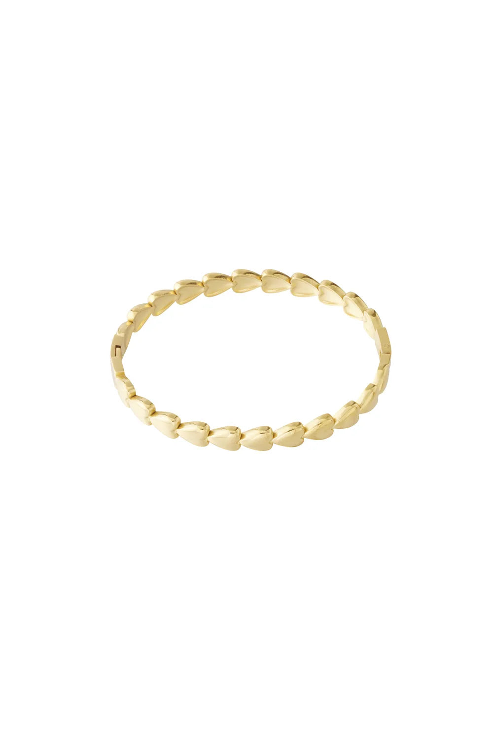 A gold-plated structured rigid hinged bangle bracelet featuring a continuous, repeating pattern of small three-dimensional puffy heart links with a high-polish mirror finish. cherie-puffy-heart-hinged-bangle.webp