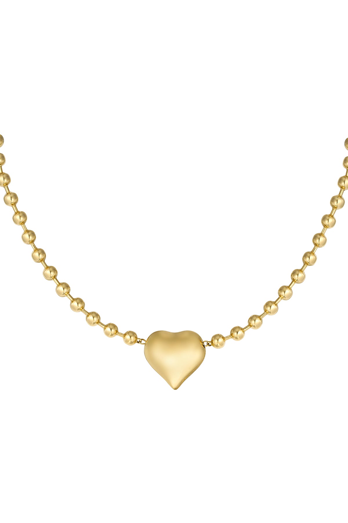 A close-up of a gold-plated stainless steel satellite ball chain necklace featuring a smooth, high-polish three-dimensional puffy heart centerpiece in the middle against a white background. cherie-puffy-heart-satellite-necklace.webp