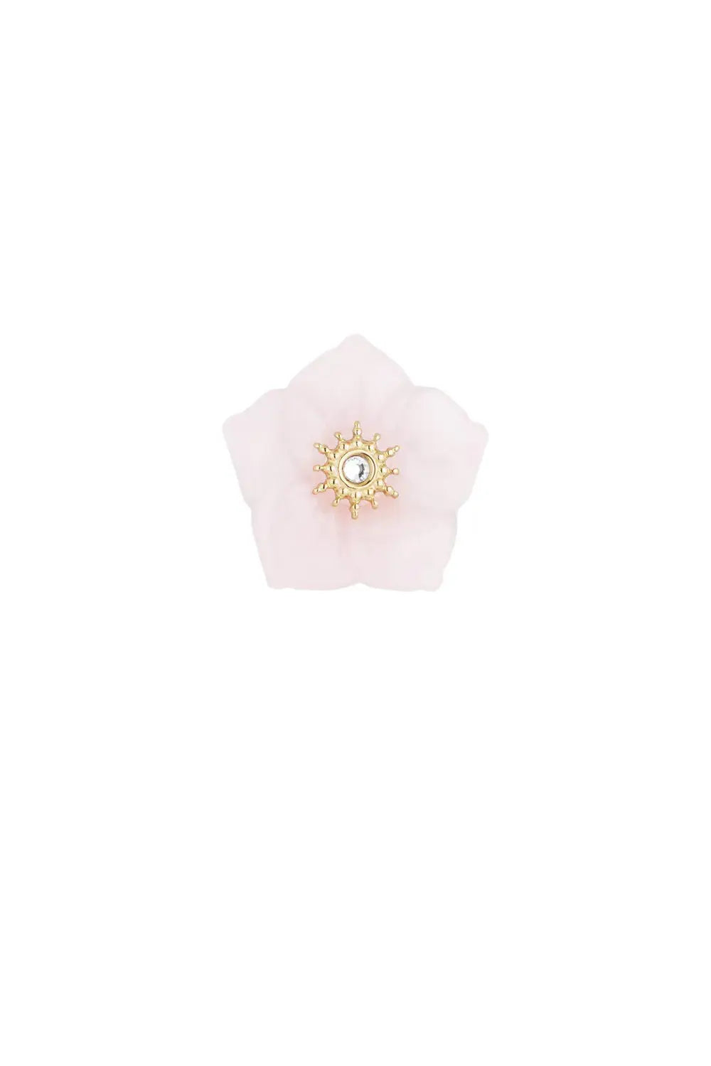 A gold-plated stainless steel statement ring featuring a top face crafted as a frosted translucent pastel pink flower with a gold sunburst center and a clear crystal. chloe-pastel-flower-statement-ring.webp