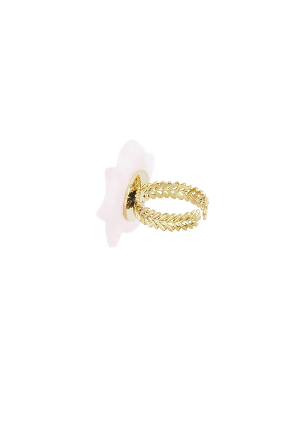 A gold-plated stainless steel statement ring featuring a top face crafted as a frosted translucent pastel pink flower with a gold sunburst center and a clear crystal. chloe-pastel-flower-statement-ring.webp