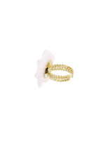 A gold-plated stainless steel statement ring featuring a top face crafted as a frosted translucent pastel pink flower with a gold sunburst center and a clear crystal. chloe-pastel-flower-statement-ring.webp