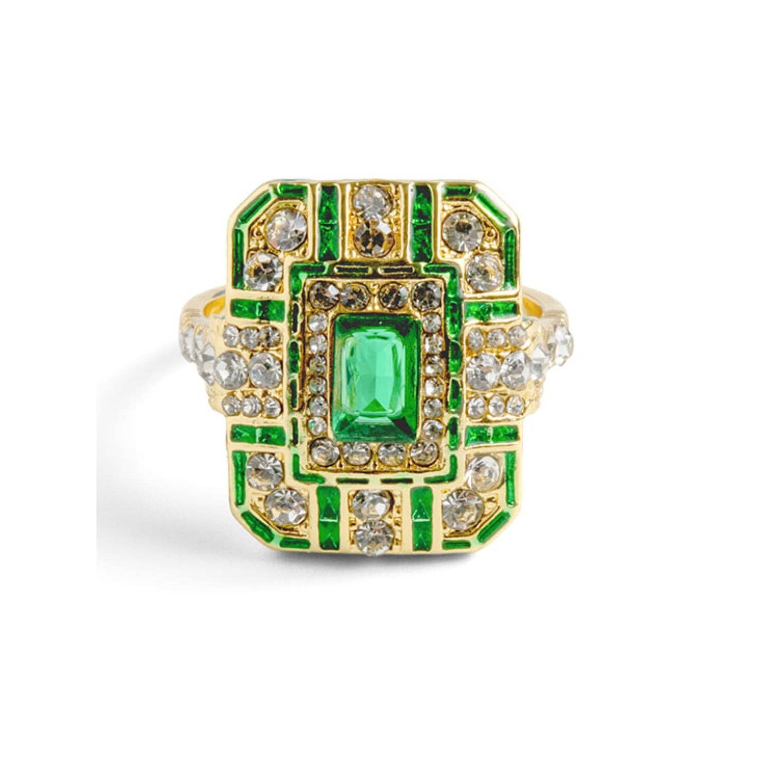 An ornate 14ct gold-plated Art Deco cocktail ring featuring a large rectangular emerald crystal centered on a geometric shield with green enamel and clear crystals.