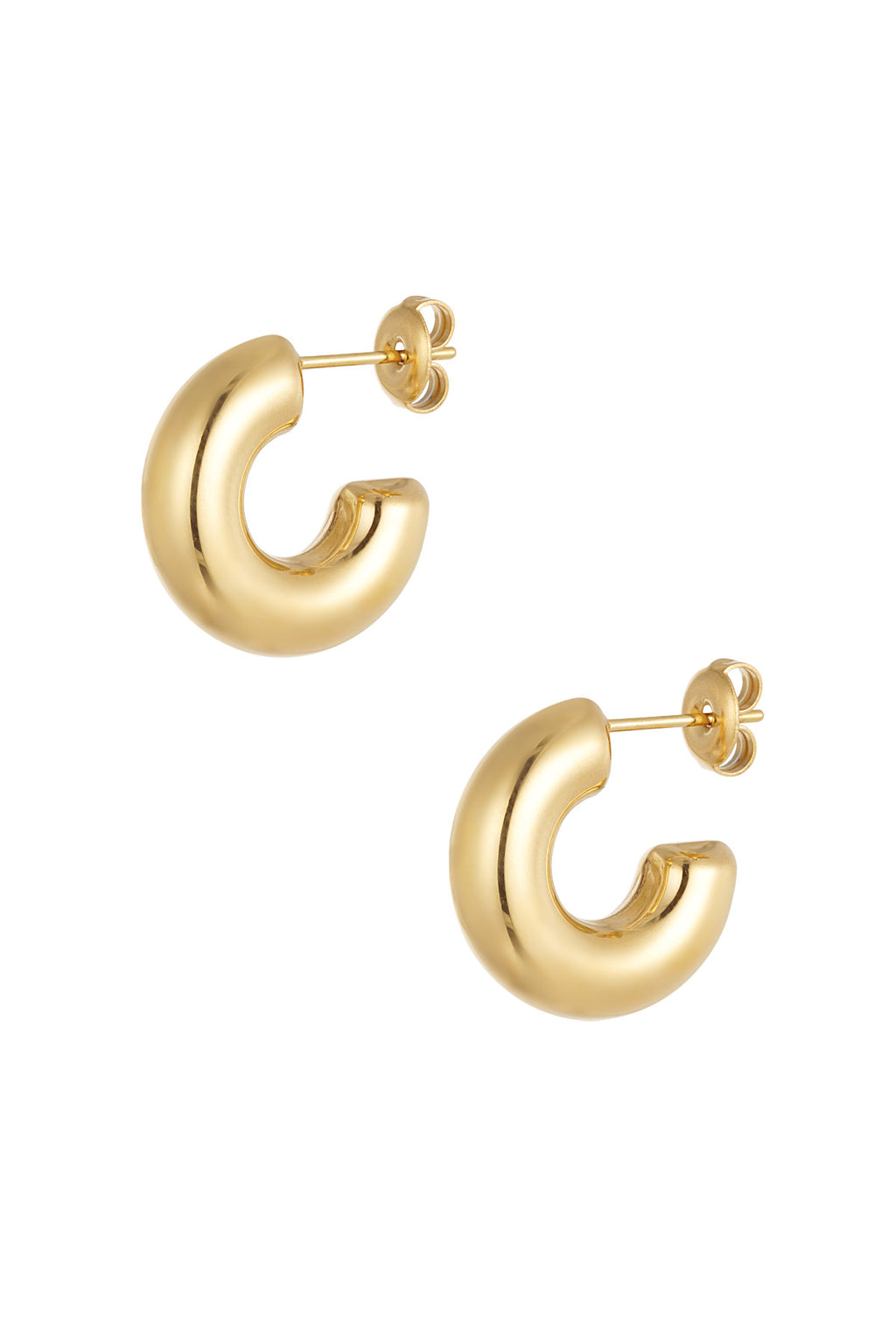 A pair of gold-plated chunky C-hoop post earrings featuring a thick, smooth crescent silhouette and a high-polish mirror finish. cleo-chunky-c-hoop-earrings.jpg
