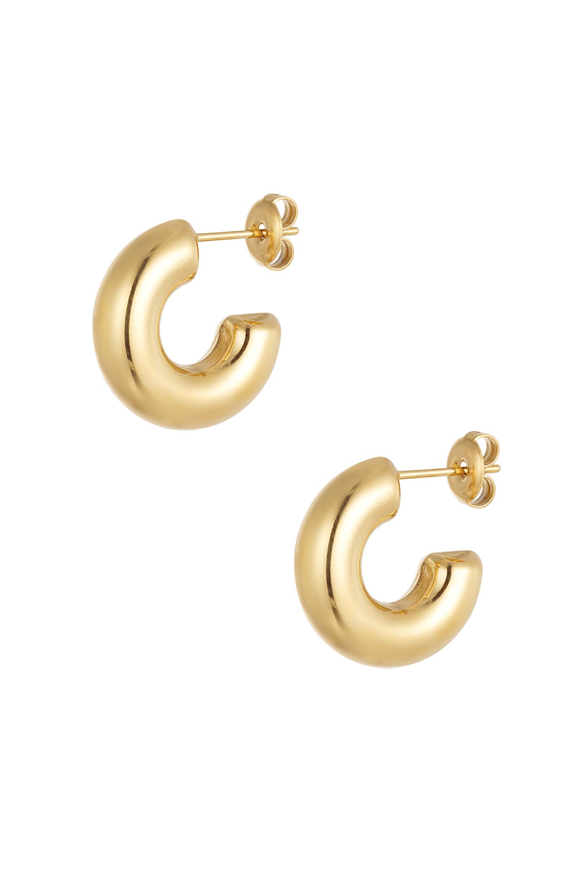 A pair of gold-plated chunky C-hoop post earrings featuring a thick, smooth crescent silhouette and a high-polish mirror finish. cleo-chunky-c-hoop-earrings.jpg