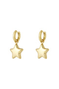 A pair of gold-plated stainless steel huggie hoop earrings featuring a dangling, high-polish three-dimensional puffy star charm against a white background. cometa-puffy-star-huggie-earrings.webp