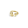 A gold-plated stainless steel bypass ring featuring a wrap band adorned with two asymmetrical three-dimensional puffy gold hearts against a plain white background. cora-puffy-heart-bypass-ring.webp