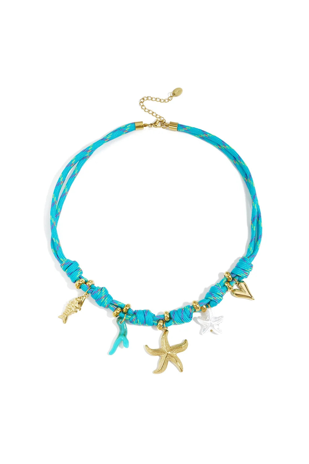 A vibrant turquoise braided cord necklace featuring gold starfish and fish charms, turquoise coral, and a white starfish charm on a white background.