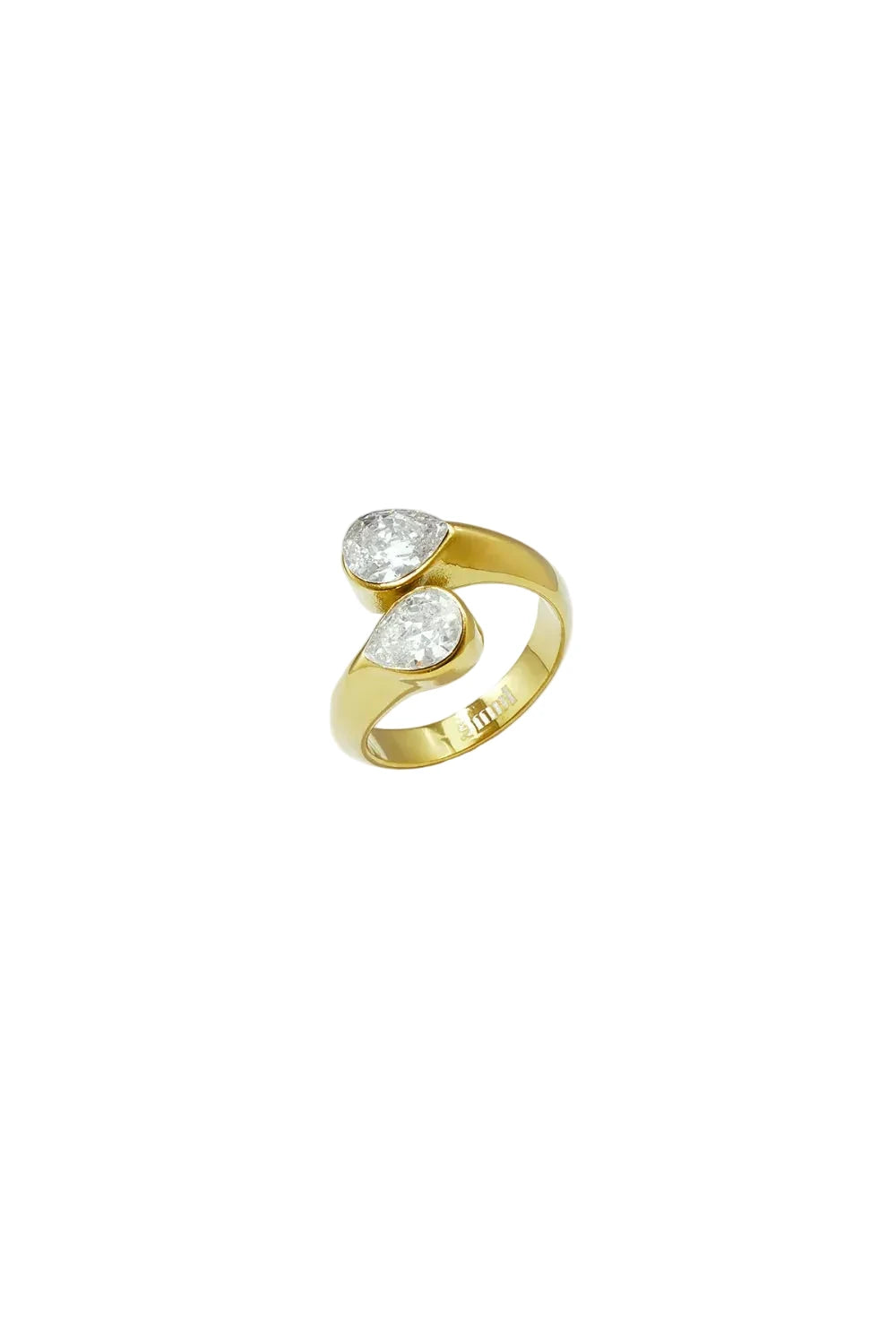 Gold bypass ring with two pear-cut crystals