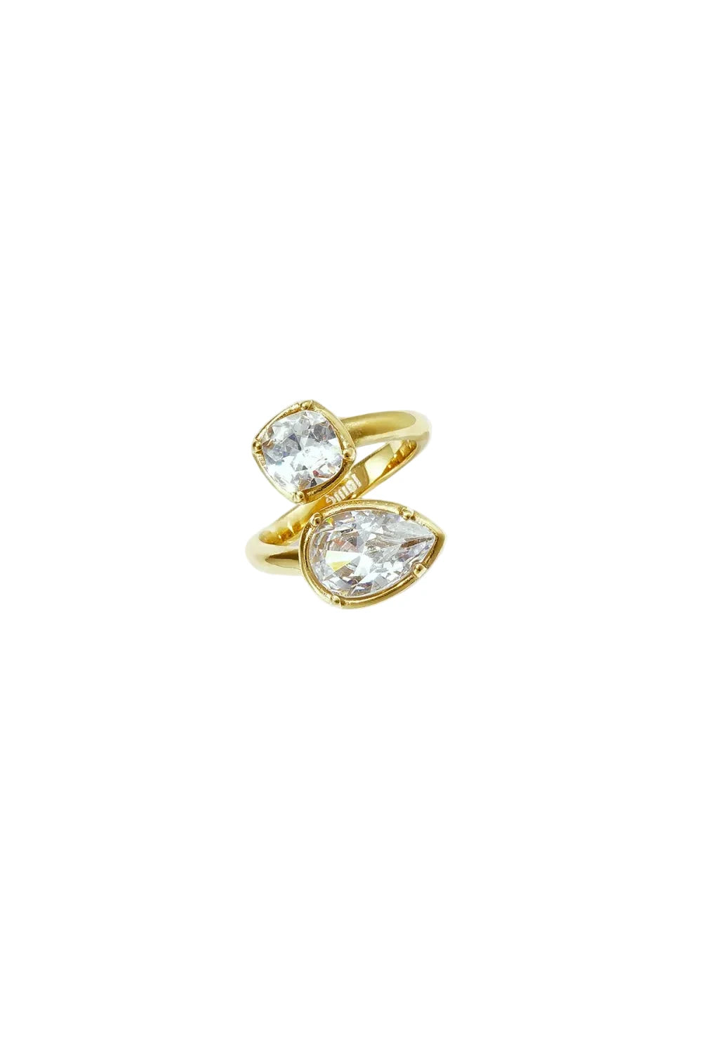 Gold ring with a cushion-cut and pear-cut crystal, open adjustable band