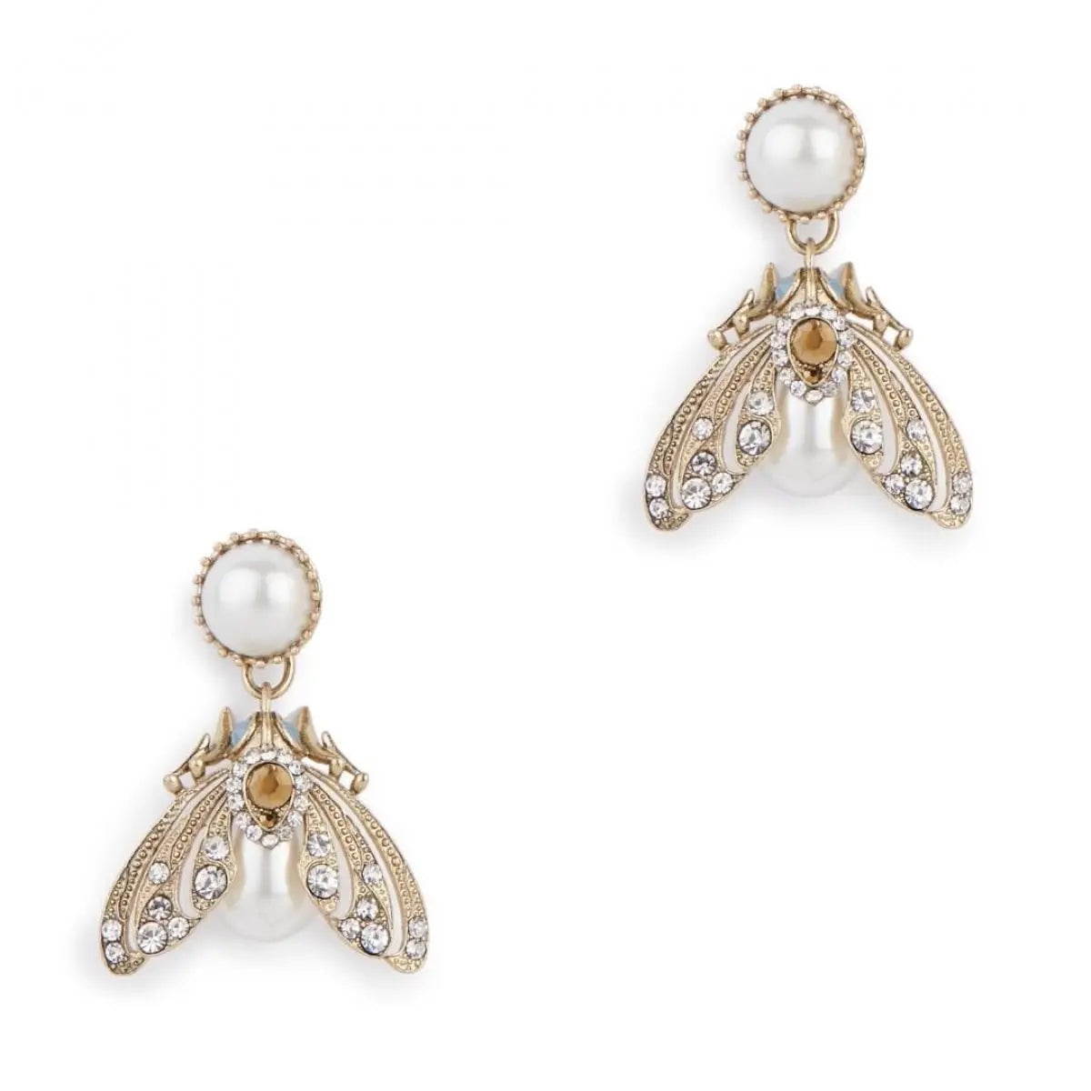 A pair of gold-plated Bill Skinner drop earrings featuring a round pearl stud suspending a crystal-encrusted moth with a teardrop pearl body and amber crystal center