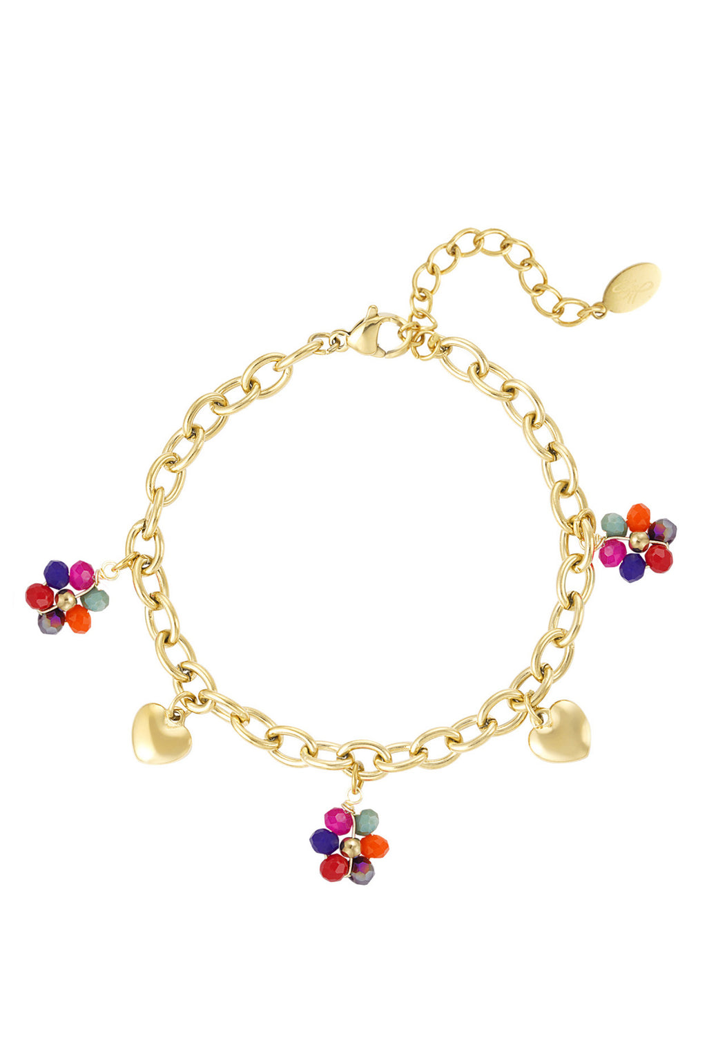 A gold-plated charm bracelet featuring a cable link chain decorated with two smooth 3D puffy gold heart charms alternating with three multi-colored flower blossoms made from faceted crystal beads. festa-beaded-blossom-charm-bracelet.jpg