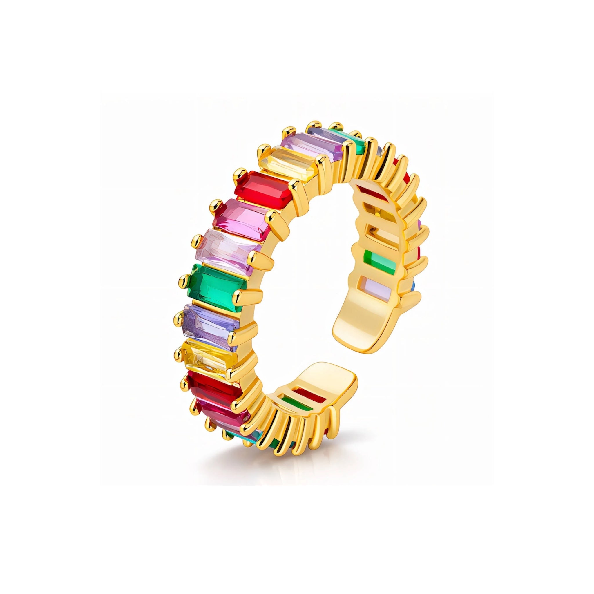 An open-band gold adjustable ring lined with a colourful row of rectangular rainbow baguette crystals on a white background