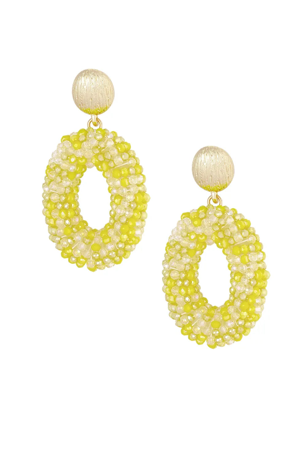 A pair of oversized gold-plated statement drop earrings featuring textured spherical gold posts and large open-oval hoops woven with shimmering translucent and lime yellow faceted crystal beads. festa-woven-crystal-hoop-earrings.webp