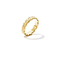 A gold-plated stainless steel waterproof band ring featuring a continuous repeating pattern of small four-leaf clovers with textured details and a scalloped edge. fleur-waterproof-clover-band-ring.webp