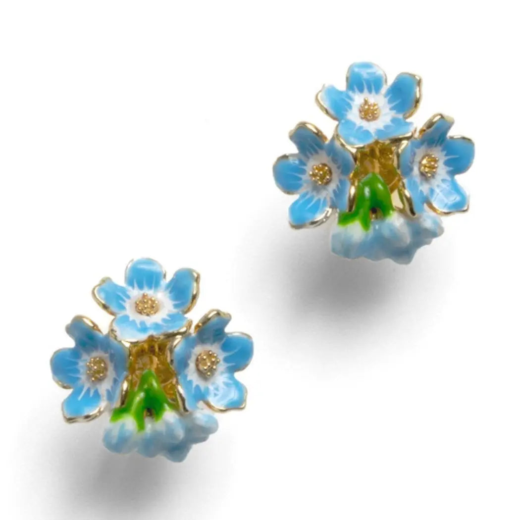 A pair of gold-plated Bill Skinner stud earrings shaped like highly detailed three-dimensional clusters of sky-blue and white forget-me-not flowers.