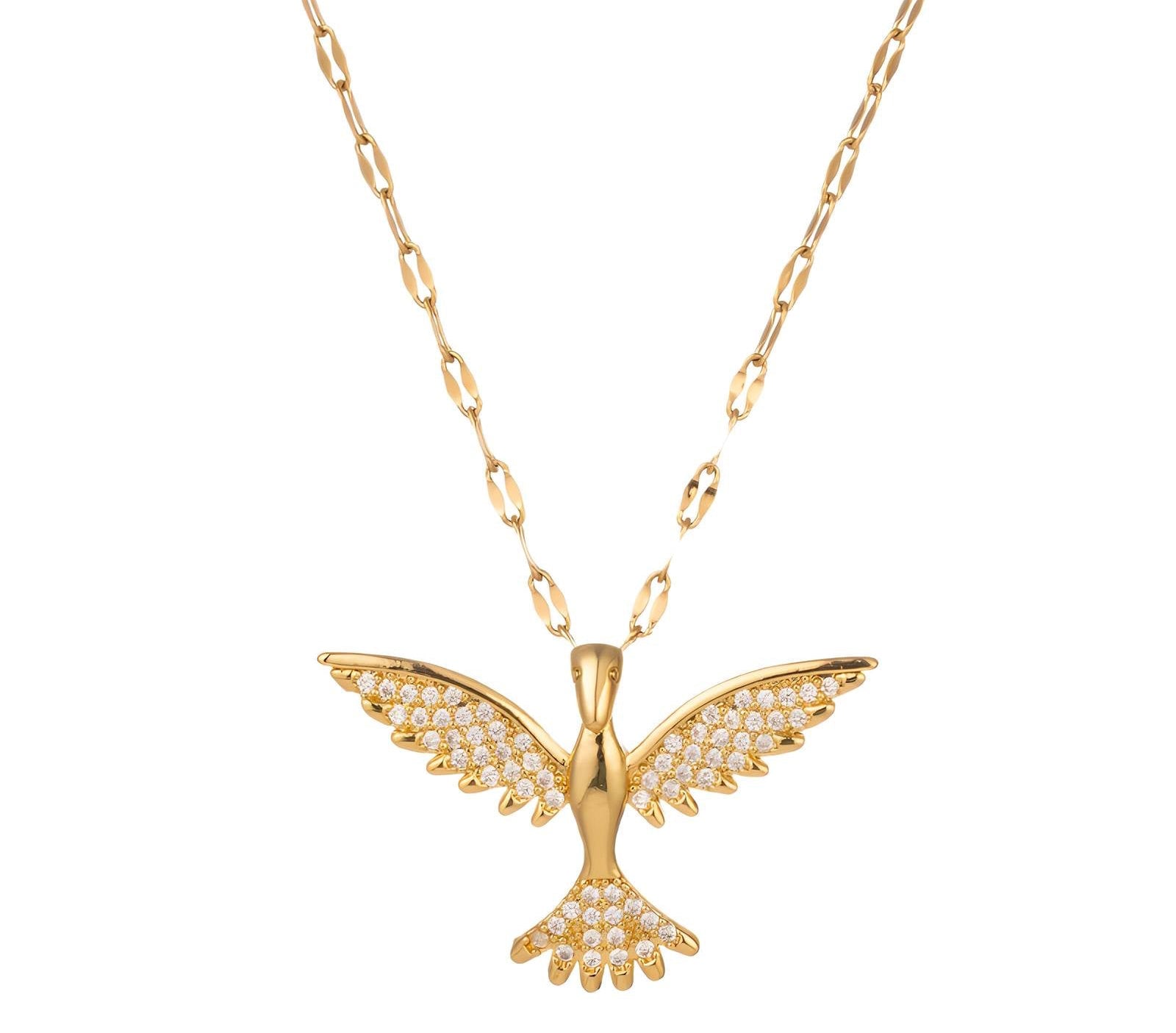 Gold bird pendant necklace with wings and tail encrusted in white crystals, hanging from a gold textured link chain on a white background.