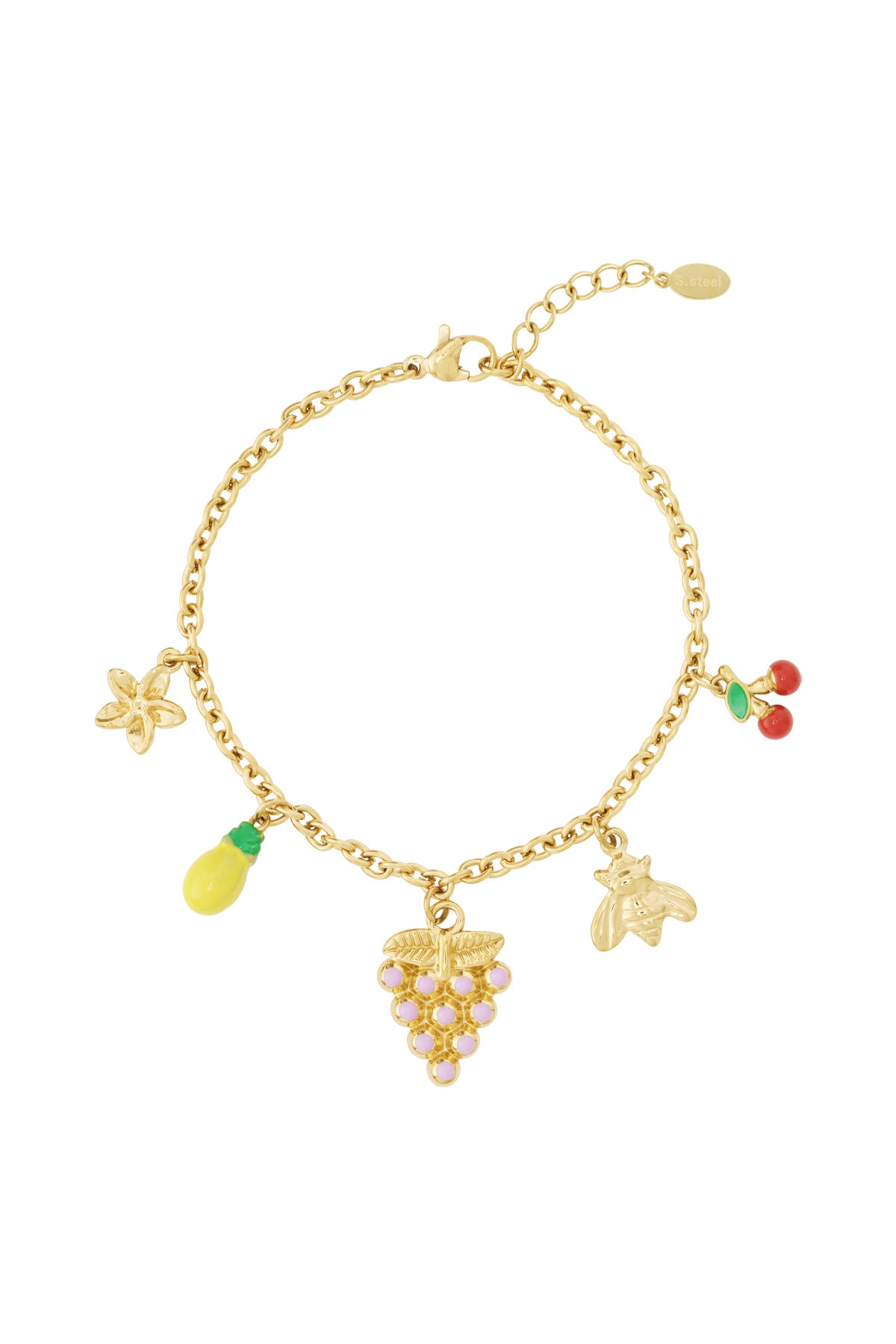 A gold-plated stainless steel charm bracelet featuring a cable link chain decorated with enamel charms of lavender grapes, a yellow lemon, red cherries, a flower blossom, and a honeybee. frutti-di-bosco-enamel-fruit-charm-bracelet.jpg