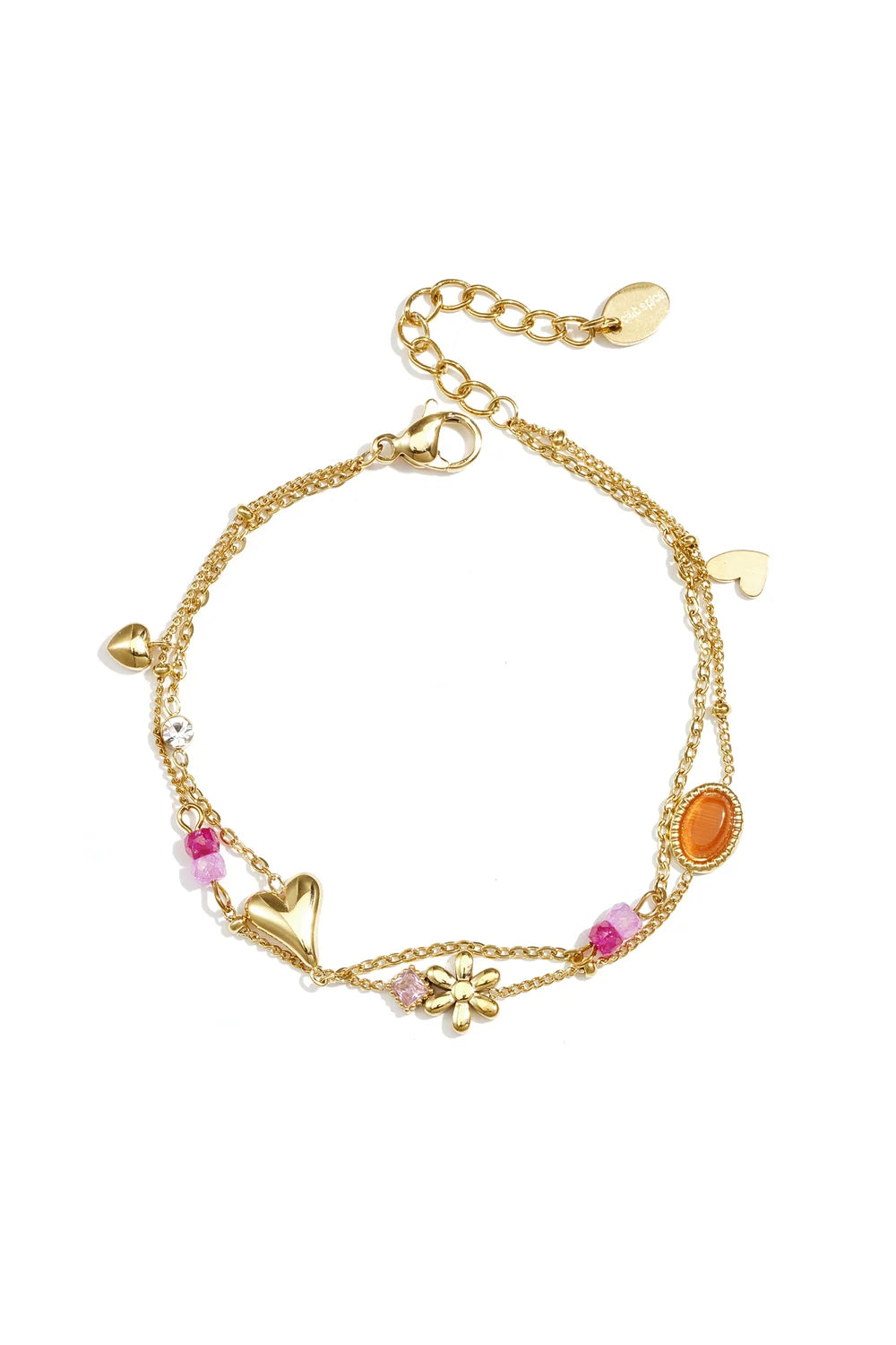 A gold double-strand bracelet with heart charms, a flower charm, and pink and orange beads, displayed on a white background.