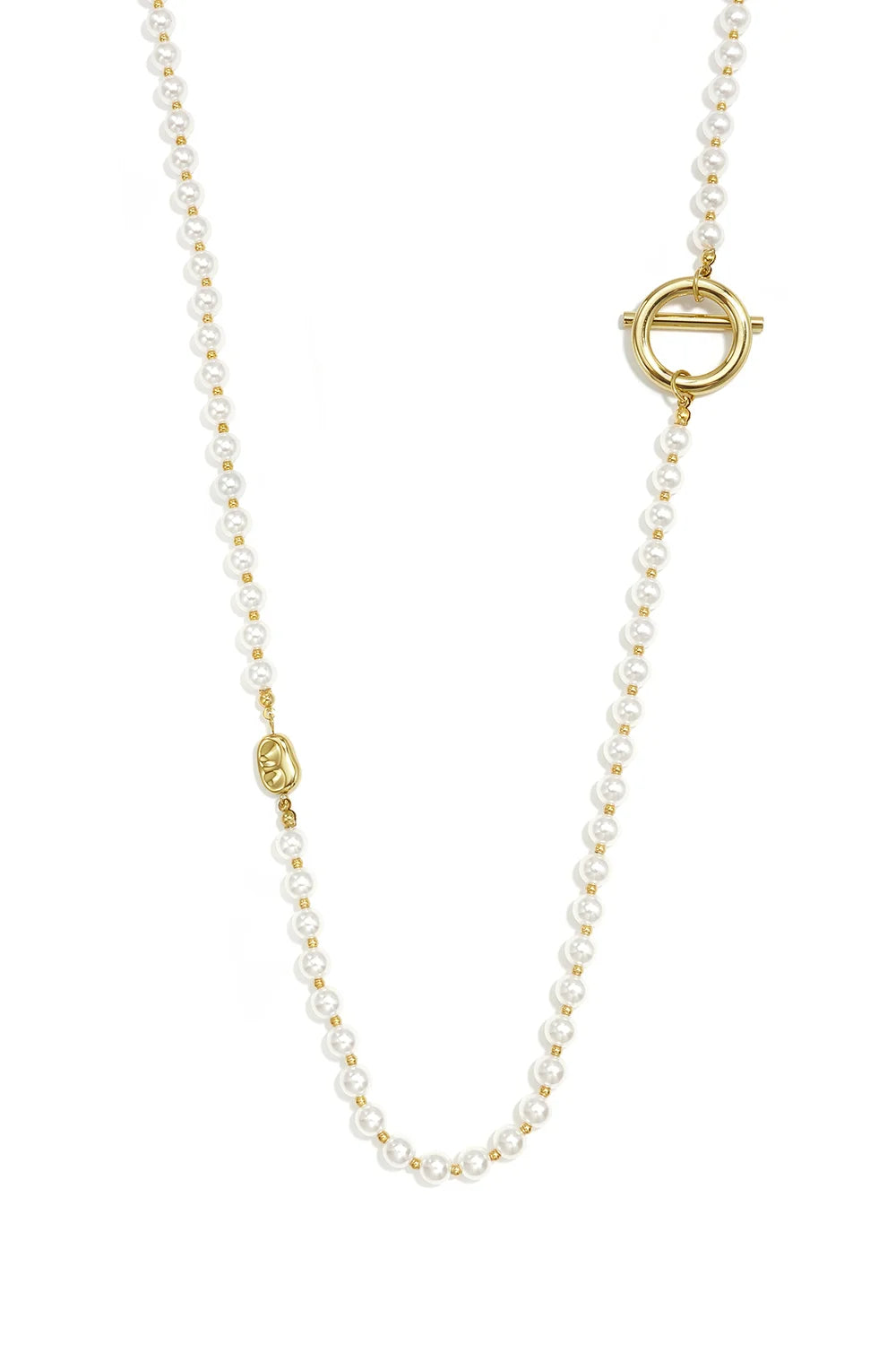 A white glass pearl strand necklace featuring an asymmetrical front-facing gold toggle clasp and a molten gold accent bead against a white background. genevieve-toggle-asymmetric-pearl-necklace.webp