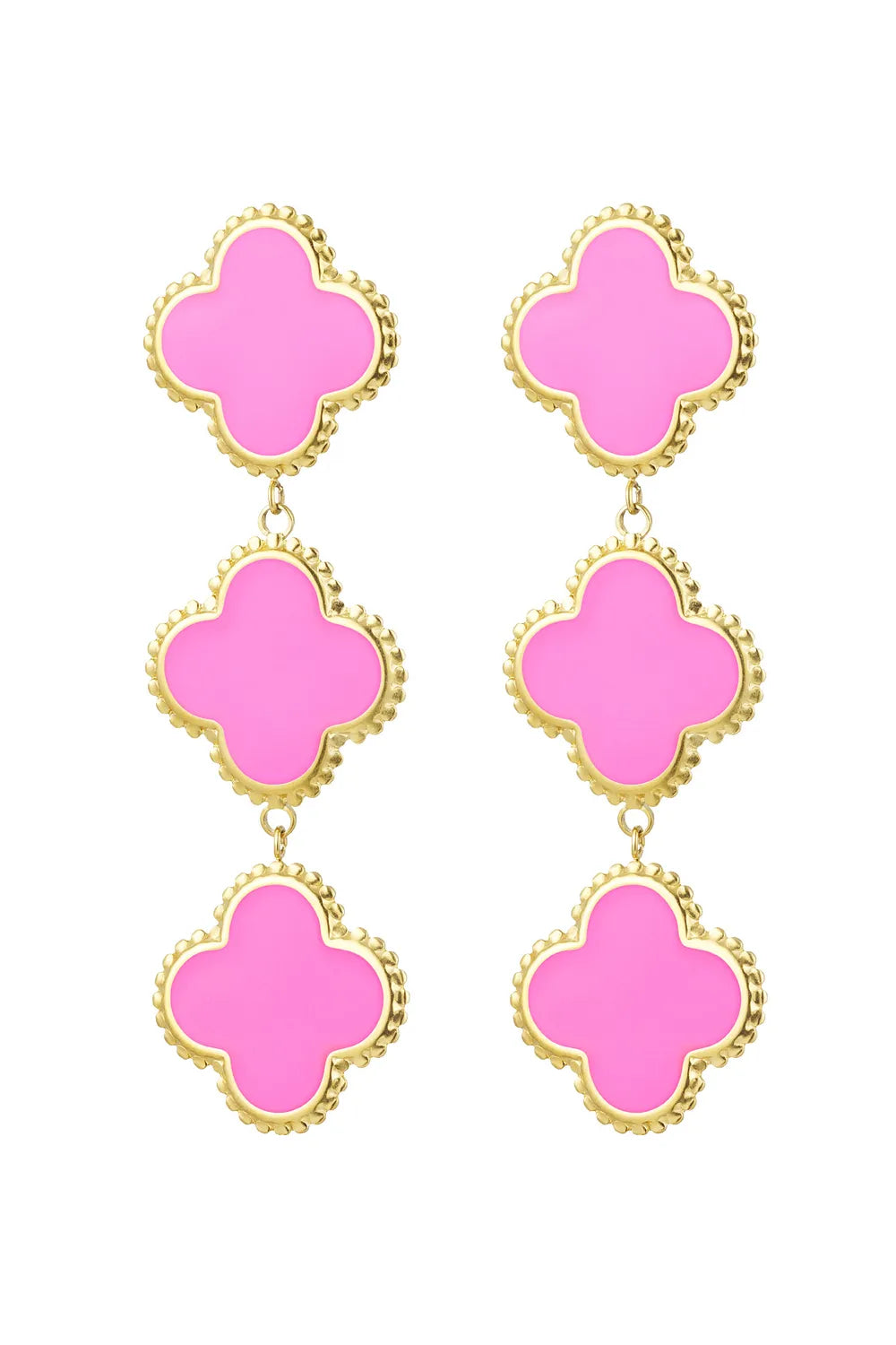 A pair of gold-plated statement drop earrings featuring a vertical cascade of three quatrefoil clovers filled with bright pink enamel and bordered by textured gold beads. giselle-triple-clover-enamel-earrings.webp