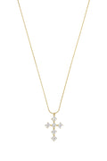 A gold-plated stainless steel snake chain necklace with a cross pendant made of six sparkling square princess-cut cubic zirconia crystals against a white background. grace-princess-cut-crystal-cross-pendant-necklace.webp