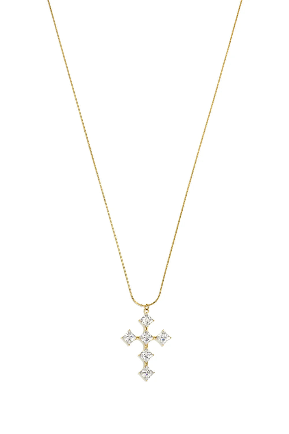 A gold-plated stainless steel snake chain necklace with a cross pendant made of six sparkling square princess-cut cubic zirconia crystals against a white background. grace-princess-cut-crystal-cross-pendant-necklace.webp